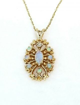 Vintage 14 Kt.  Yellow Gold Opal And Diamond Pendant,  14kt Chain