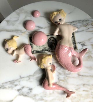 3x Vintage 1950s Ceramic Mermaid,  Bubbles Bathroom Wall Plaque Figurines - Pink