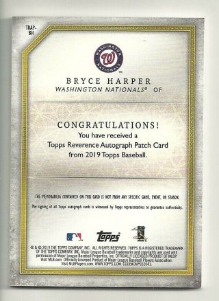 2019 Topps Bryce Harper Reverence Red Autograph Patch Card d 3/5 SSP RARE 2