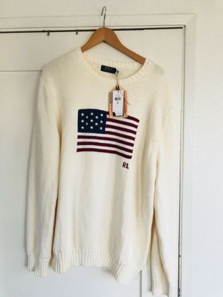 Polo Ralph Lauren American Flag Usa Knit Sweater Cream Sz Xl $248