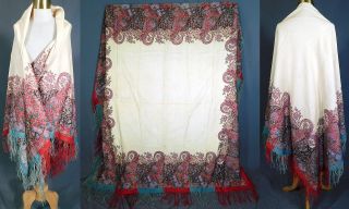 Victorian Antique Paisley Roller Print Wool Challis Fringed Norwich Shawl Scarf