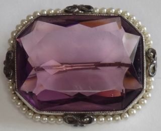 Vintage Art Deco Sterling Silver Amethyst Paste Pearl Brooch