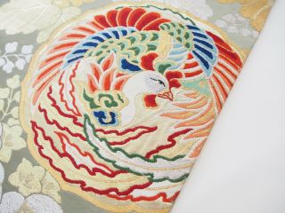 Vintage Japanese Kimono Silk MARU OBI Woven Dragon,  Phoenix,  Green,  Rare V492 2