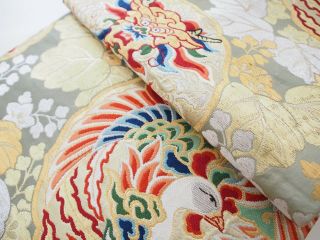 Vintage Japanese Kimono Silk MARU OBI Woven Dragon,  Phoenix,  Green,  Rare V492 5