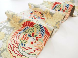 Vintage Japanese Kimono Silk MARU OBI Woven Dragon,  Phoenix,  Green,  Rare V492 6