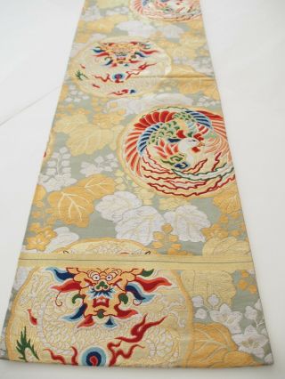 Vintage Japanese Kimono Silk MARU OBI Woven Dragon,  Phoenix,  Green,  Rare V492 7