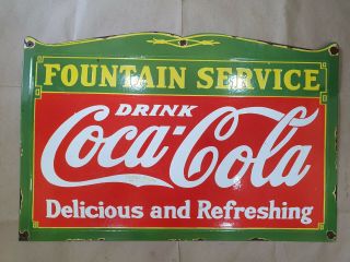 Coca Cola Fountain Service Vintage Porcelain Sign 27 X 17 Inches