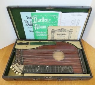 Antique Rosewood Autoharp Zither With Case German Sheet Music