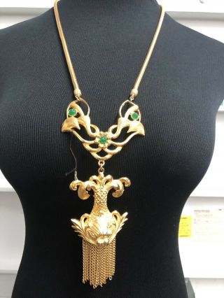 Signed Pauline Rader Aztec Massive Charm Emerald? Beads Charm Necklace