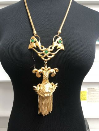 signed PAULINE RADER Aztec Massive Charm Emerald? Beads Charm Necklace 2