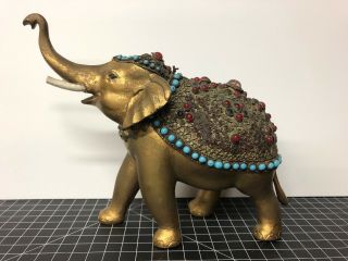 Vintage Brass Copper Elephant Sculpture Gemstones Jewels 9x7” Detailed