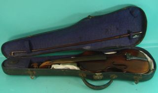 Vtg Early 4 - String Acoustic Violin & Bow Czechoslovakia W/ Hard Carrying Case