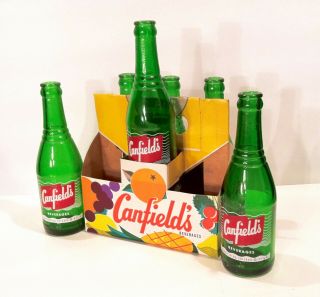 Vintage 1950‘s Canfield’s Soda Six 9 Oz Bottles W/ Advertising Carrier Sign