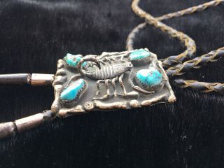 Vtg Old Pawn Navajo Native American Turquoise Sterling Silver Scorpion Bolo Tie 10