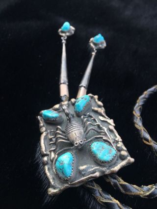 Vtg Old Pawn Navajo Native American Turquoise Sterling Silver Scorpion Bolo Tie 11