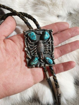 Vtg Old Pawn Navajo Native American Turquoise Sterling Silver Scorpion Bolo Tie