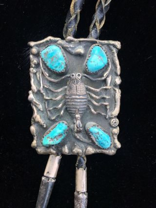 Vtg Old Pawn Navajo Native American Turquoise Sterling Silver Scorpion Bolo Tie 7