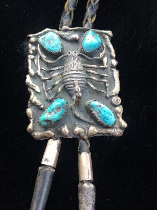 Vtg Old Pawn Navajo Native American Turquoise Sterling Silver Scorpion Bolo Tie 9