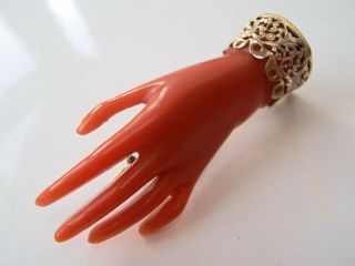 Antique 19th Century Carved Red Coral And Gold Hand Brooch