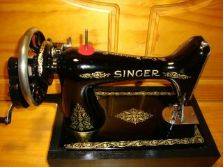 ANTIQUE SINGER SEWING MACHINE MODEL 99K,  HAND CRANK,  LEATHER,  SERVICED 7