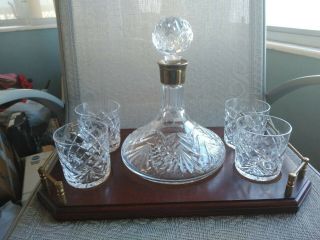 Waterford Crystal Ships Decanter & Old Fashioned Tumblers (4) W Wooden Tray Vtg