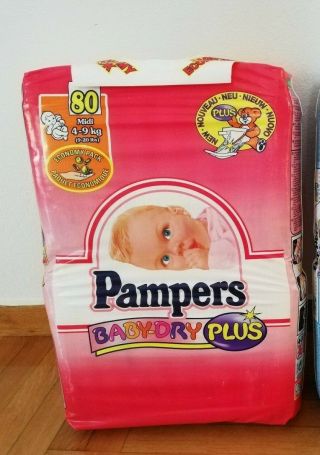 Vtg Pampers Baby Dry Plus Pack W/ 80 Diapers For Girls Midi 4 - 9kg 9 - 20lbs