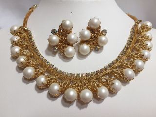 Vintage Juliana Faux Pearl & Ab Rhinestone Gold Mesh Necklace & Earrings Set