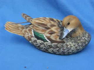Carol Burns Signed 1988 Art Carved Wooden Duck Decoy W/articulated Wings Teal 2