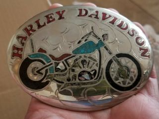 Vintage Jwl Harley Davidson Turquoise / Coral Belt Buckle Handcarved 1 Of 1