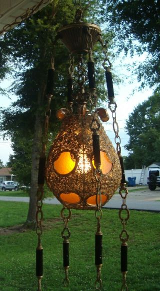 Vintage Mid Century Gothic Amber Brass Hanging Swag Light Fixture Chandler