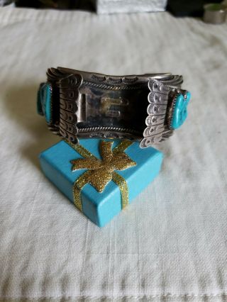 Apachito Sterling Silver Cuff Watch Bracelet With Turquoises 75.  8 Grams