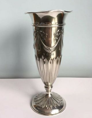 Antique Edwardian Solid Silver Vase With Gadrooned Body And Ribbon Swags 1908