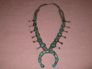 Vintage American Indian Navajo Old Pawn Silver Turquoise Squash Blossom Necklace