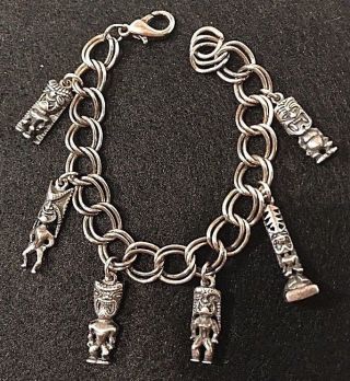 Vtg Tiki Charm Bracelet 7.  5 " Silver Plated Retro Hawaii Eldorado Club Intl Nos