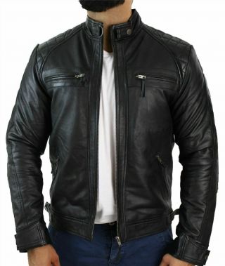 Mens Leather Jacket Classic Vintage Casual Full Zipped Biker Jacket Black/tan