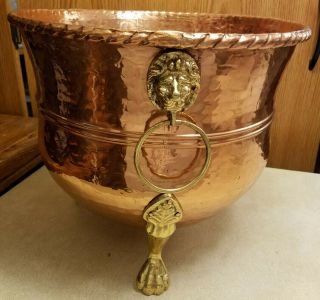 Large Vintage Hammered Copper Planter Brass Handles Feet Lion Head Claws India