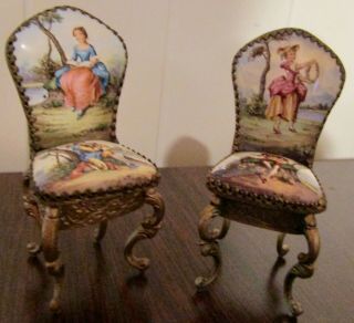 Antique 3 " Austrian Dollhouse Handpainted Porcelain Bronze Chairs