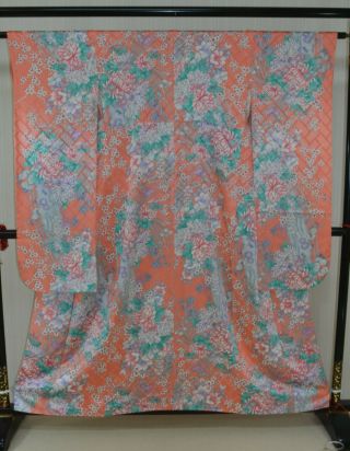 Vintage Silk Wedding Kimono:156cm Tall Furisode Wisteria/chrysanthemum@t128