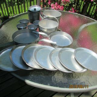 Vtg 21 Piece Aluminum Camping Nesting Cookware Set Plates,  Cups,  Pots,  Pans