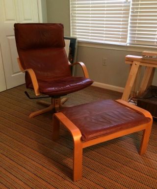 Rare Ikea Poang Brown Leather Lounge Chair & Ottoman Vintage Scandinavian Style