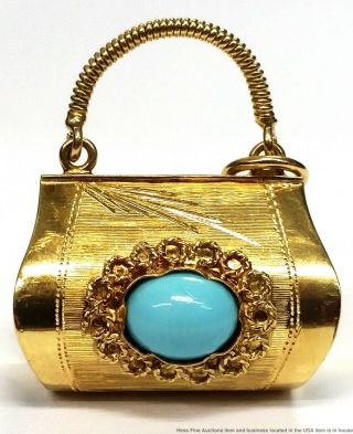 18k Yellow Gold Turquoise Blue Cabochon Huge Vintage Purse Handbag Pendant
