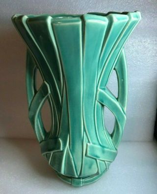 Vintage Mccoy Strap Double Handled Vase 12” Deco Style Green Late 1940 