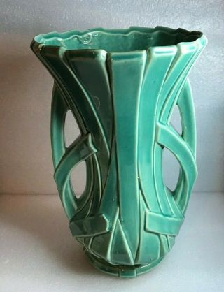VINTAGE MCCOY STRAP DOUBLE HANDLED VASE 12” DECO STYLE green LATE 1940 ' s 2