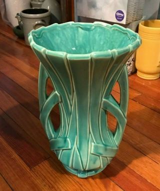 VINTAGE MCCOY STRAP DOUBLE HANDLED VASE 12” DECO STYLE green LATE 1940 ' s 5