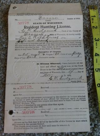 1903 Wisconsin Resident Hunting License Dunn County Tags Intact F1