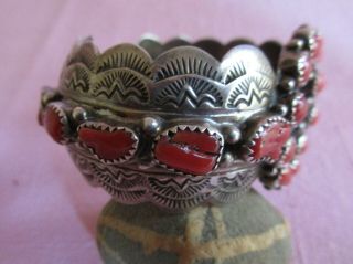 Vintage American Indian Navajo Sterling Silver Coral Cuff Bracelet F.  Arviso 12