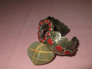 Vintage American Indian Navajo Sterling Silver Coral Cuff Bracelet F.  Arviso 3