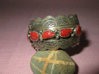Vintage American Indian Navajo Sterling Silver Coral Cuff Bracelet F.  Arviso 7