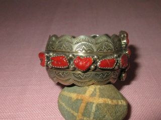 Vintage American Indian Navajo Sterling Silver Coral Cuff Bracelet F.  Arviso 8