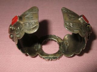 Vintage American Indian Navajo Sterling Silver Coral Cuff Bracelet F.  Arviso 9